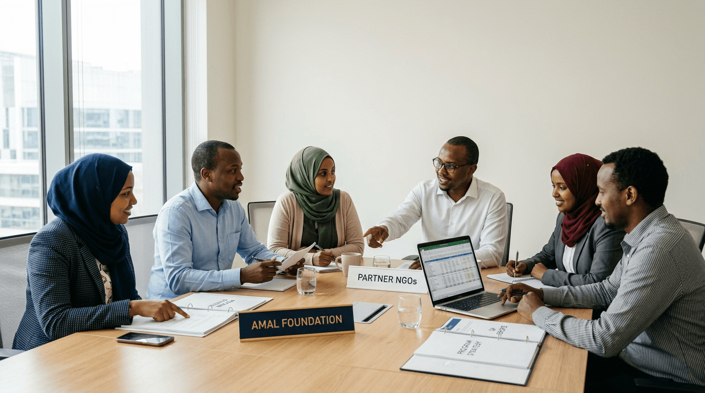 Amal Foundation and partner NGO teams at a conference table reviewing partnership materials — alliance signage, collaborative planning