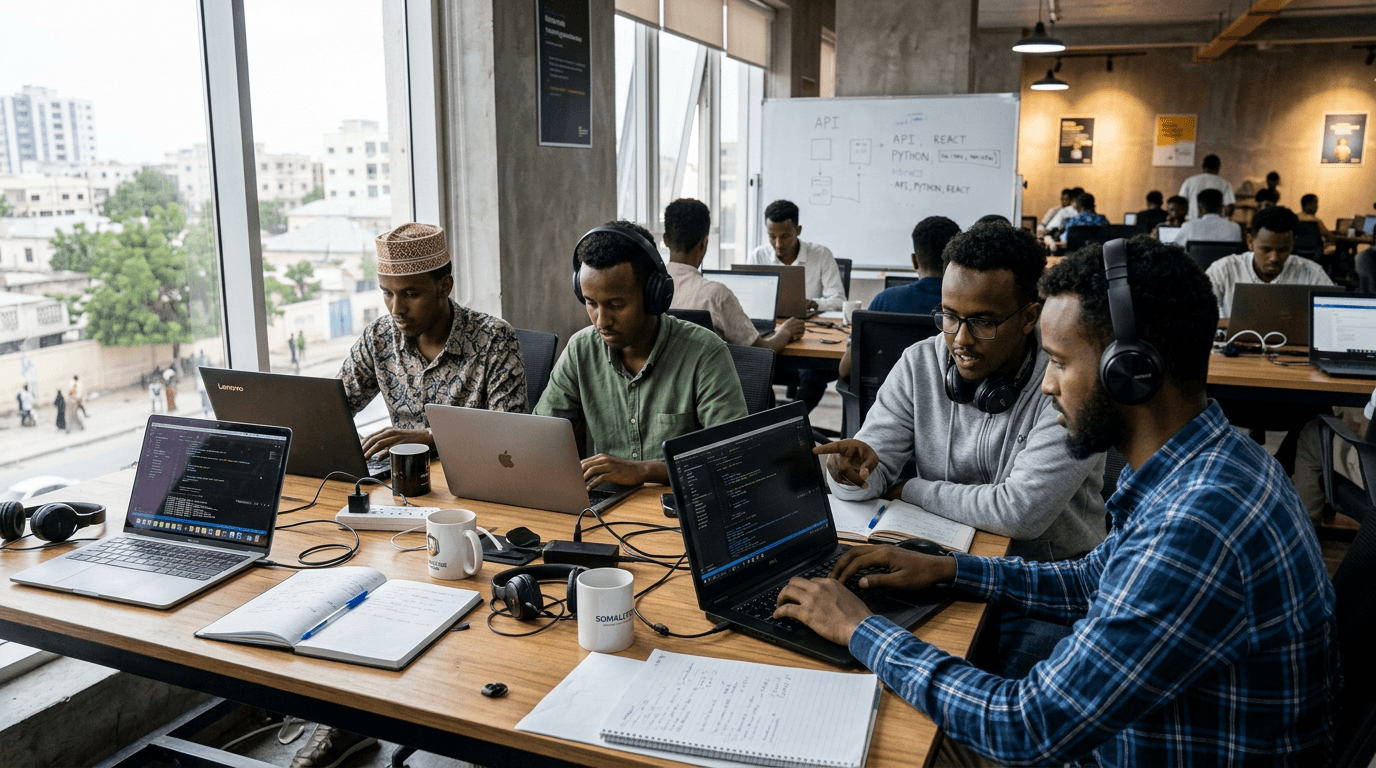 Somali young men in an Amal Hub technology training session with laptops — male-only youth cohort, technology skills