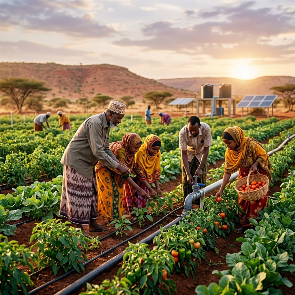 Somali farmers using solar-powered irrigation infrastructure in a climate-resilient agricultural system